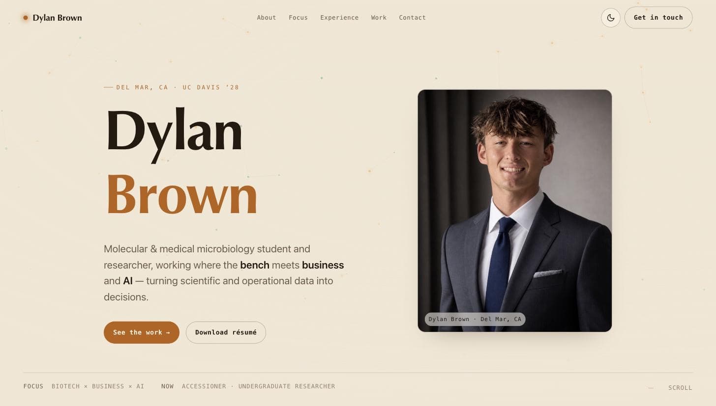 Personal website built for Dylan — a warm editorial homepage with a large serif name, portrait photo, and constellation backdrop