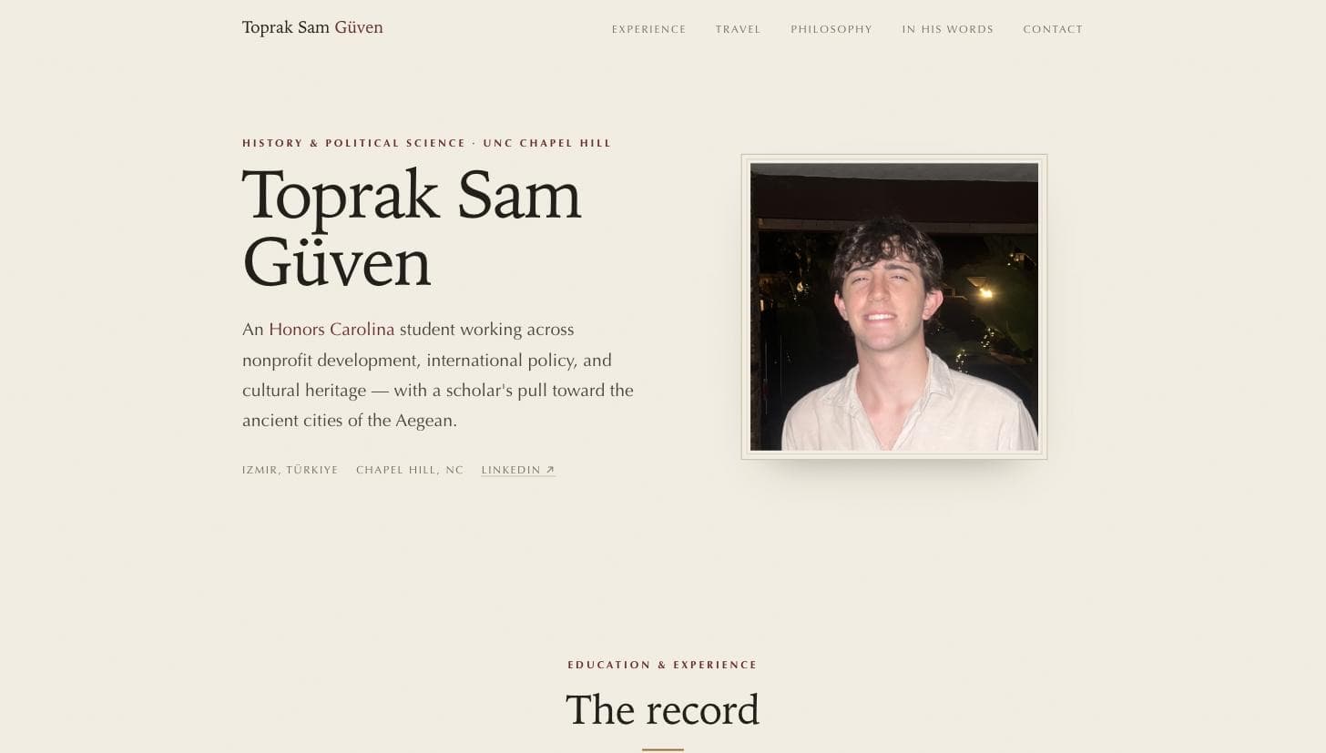 Personal website built for Toprak — an elegant serif homepage with a framed portrait and warm ivory canvas